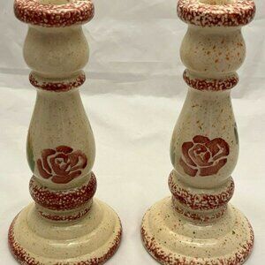 Primitive Spongeware Pink Rose Candlesticks, Set of 2, Farmhouse Cottagecore EUC